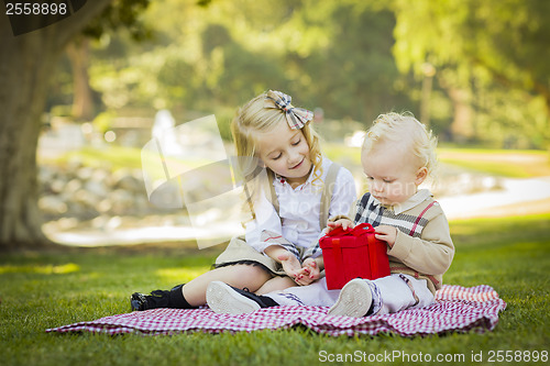 Image of Little Girl Gives Her Baby Brother A Gift at Park
