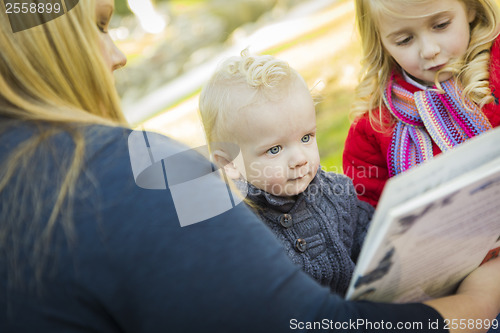 Image of Mother Reading a Book to Her Two Adorable Blonde Children
