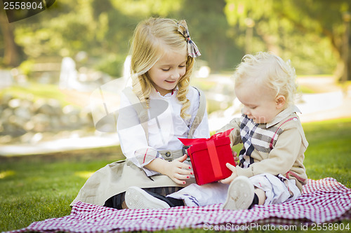 Image of Little Girl Gives Her Baby Brother A Gift at Park
