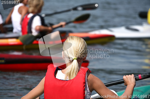 Image of Young people on kayak in denmark on a lake