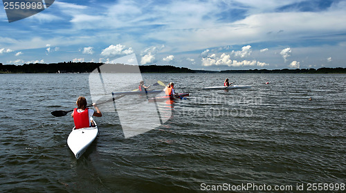 Image of Young people on kayak in denmark on a lake