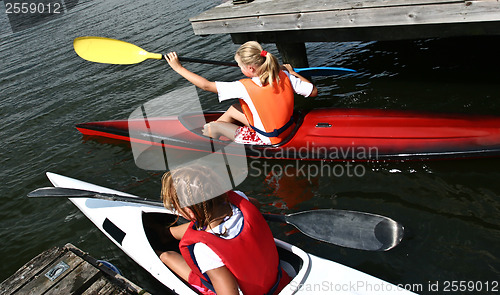 Image of Young people on kayak in denmark on a lake