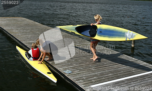 Image of Young people on kayak in denmark on a lake