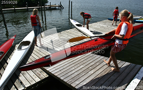 Image of Young people on kayak in denmark on a lake