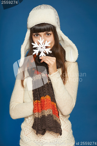 Image of Winter happy people - woman with snowflake