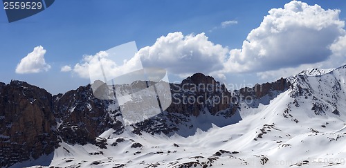 Image of Panorama of snowy mountains in nice sun day