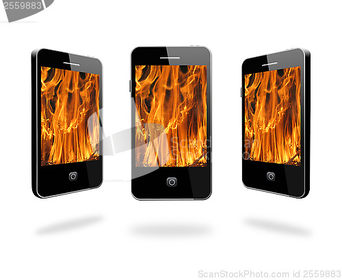 Image of mobile phone with flame on the white background