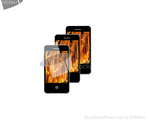 Image of mobile phone with flame on the white background