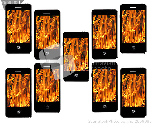 Image of mobile phone with flame on the white background