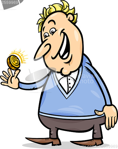 Image of lucky man with golden coin cartoon