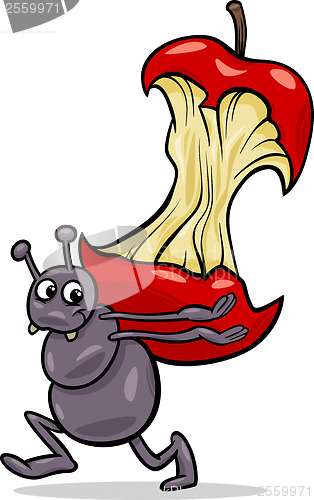 Image of ant with apple core cartoon illustration