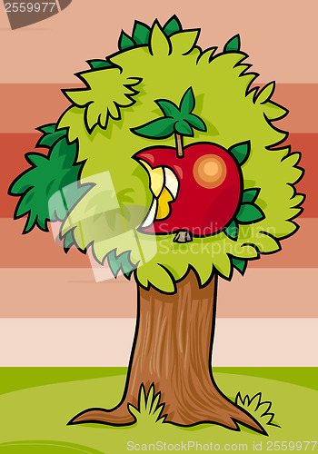 Image of nibbled apple on tree cartoon illustration