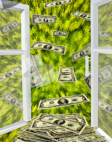 Image of opened window to the green abstraction and dollars