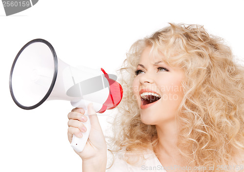 Image of woman with long curly hair holding megaphone