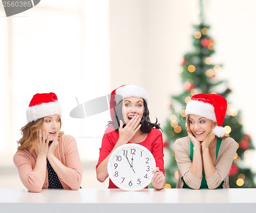 Image of women in santa helper hats with clock showing 12