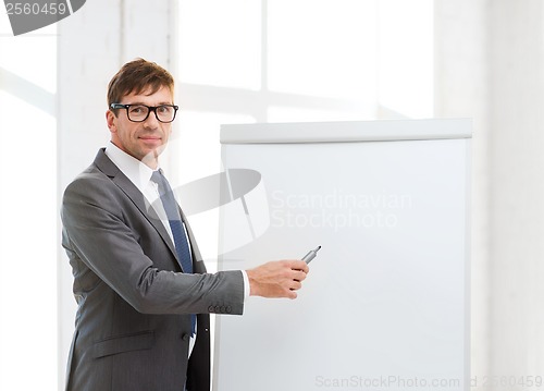 Image of businessman pointing to flip board in office