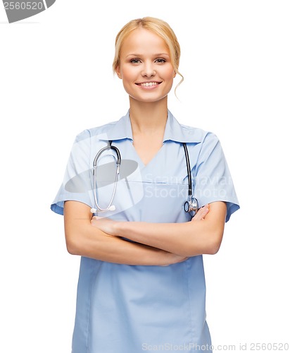 Image of smiling female doctor or nurse with stethoscope