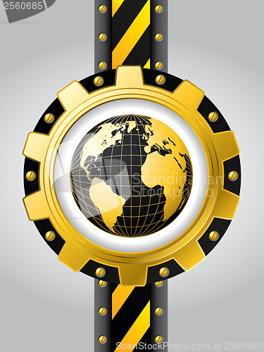 Image of Technology background with globe inside cogwheel 