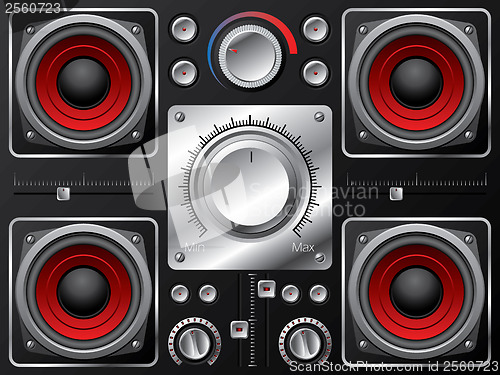 Image of Red speakers with amplifier and knobs 