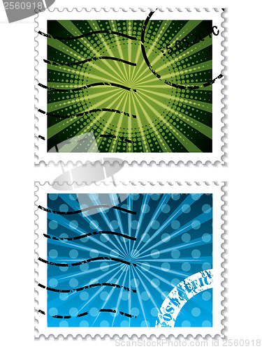 Image of Abstract design on blue and green stamps 