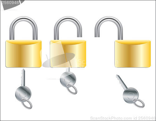 Image of Open and closed padlocks with key