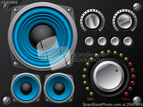 Image of Blue speakers with amplifier and knobs