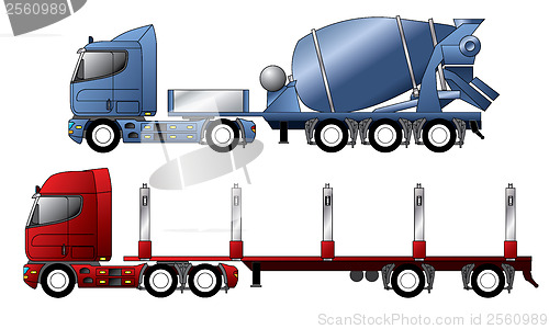 Image of Trucks with mixer and timber trailer 