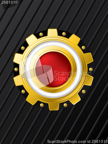 Image of Red button with cogwheel background design 