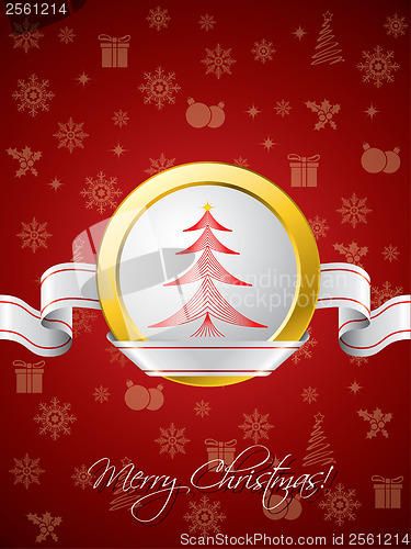 Image of Red christmas greeting card with ribbon