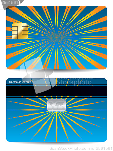 Image of Bursting orange rays on blue bank card 