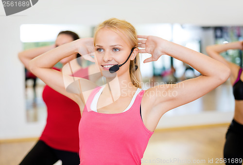 Image of group of smiling people exercising in the gym