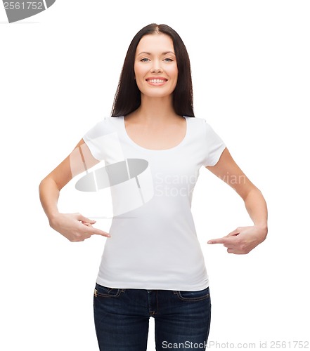 Image of smiling woman in blank white t-shirt