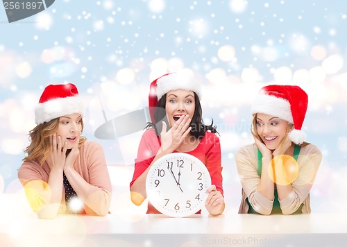 Image of women in santa helper hats with clock showing 12