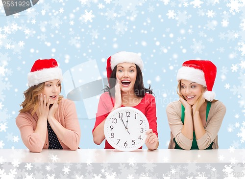 Image of women in santa helper hats with clock showing 12