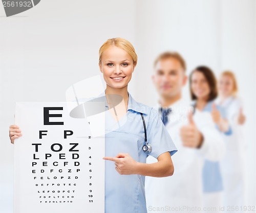 Image of smiling female doctor or nurse with eye chart