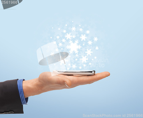 Image of man hand with smartphone