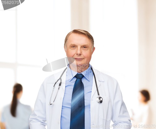 Image of smiling doctor or professor with stethoscope