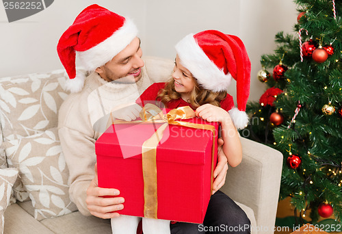 Image of smiling father and daughter opening gift box