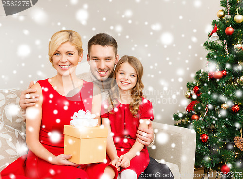 Image of smiling family holding gift box