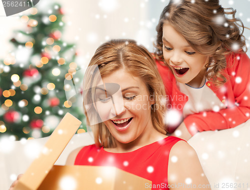 Image of happy mother and child girl with gift box