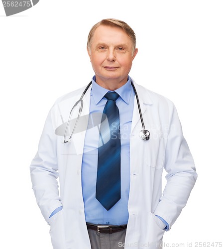 Image of smiling doctor or professor with stethoscope