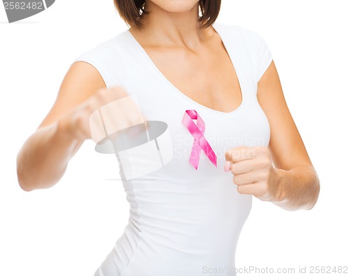 Image of woman with pink cancer awareness ribbon