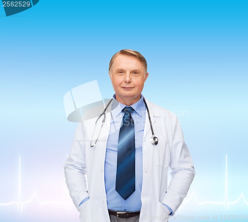 Image of smiling doctor or professor with stethoscope