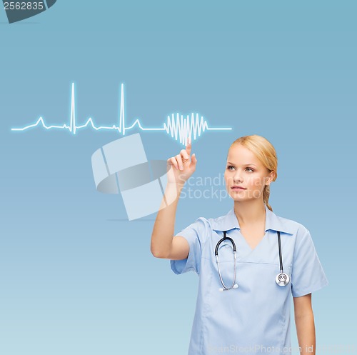 Image of smiling doctor or nurse pointing cardiogram