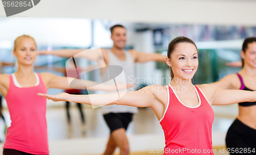 Image of group of smiling people exercising in the gym