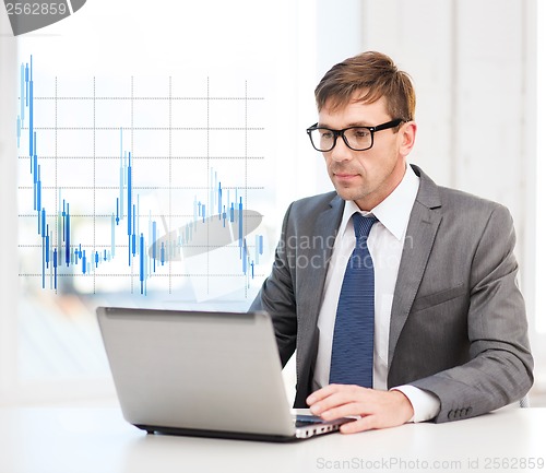 Image of businessman with laptop computer and forex chart