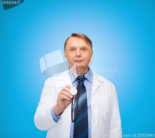 Image of smiling doctor or professor with stethoscope