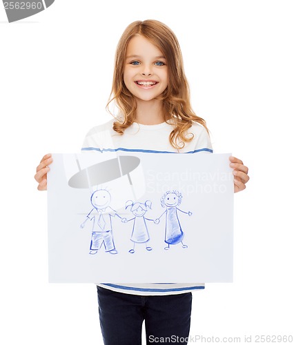 Image of smiling little child holding picture of family