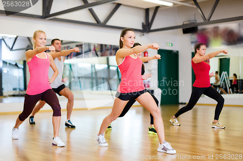 Image of group of smiling people exercising in the gym