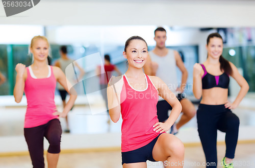 Image of group of smiling people exercising in the gym